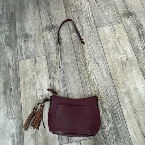 Wine color chain strap tassel bag burgundy red Bin8 - Picture 8 of 13